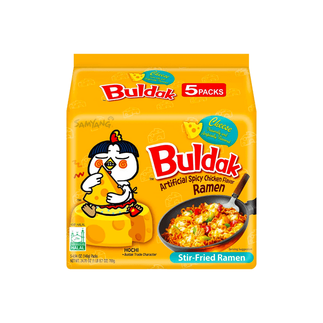 Korean Buldak Noodles Stir-Fried Ramen - Hot Chicken Flavor with Cheese, 5 Pack* 4.93 oz