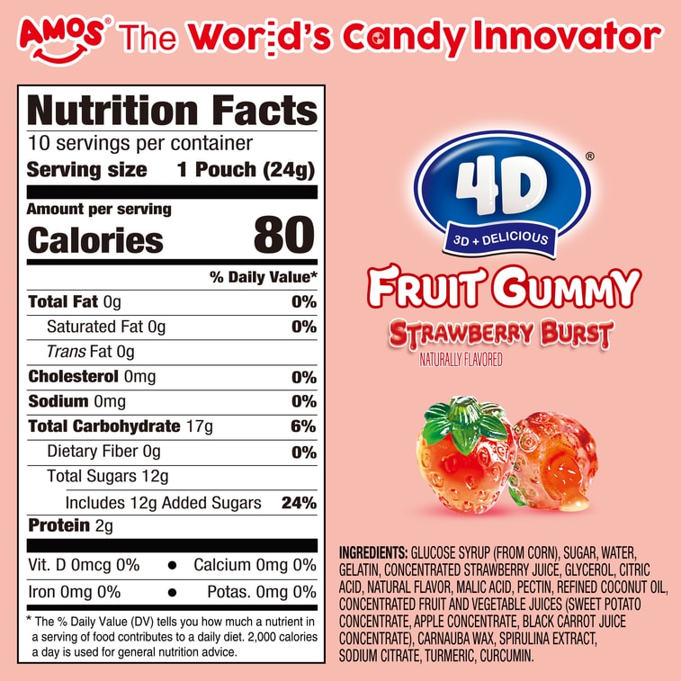 AMOS 4D Gummy Strawberry Burst Candy – Juice-Filled Strawberry-Shaped Gummy Candy Gluten-Free Fruit Snacks 8.47oz (240g)