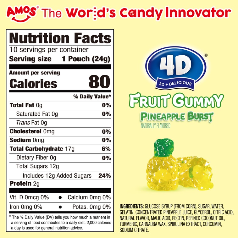 AMOS 4D Gummy Pineapple Burst Fruit Filled Candy Fruit Snacks Juice Filled Gummies  8.47oz
