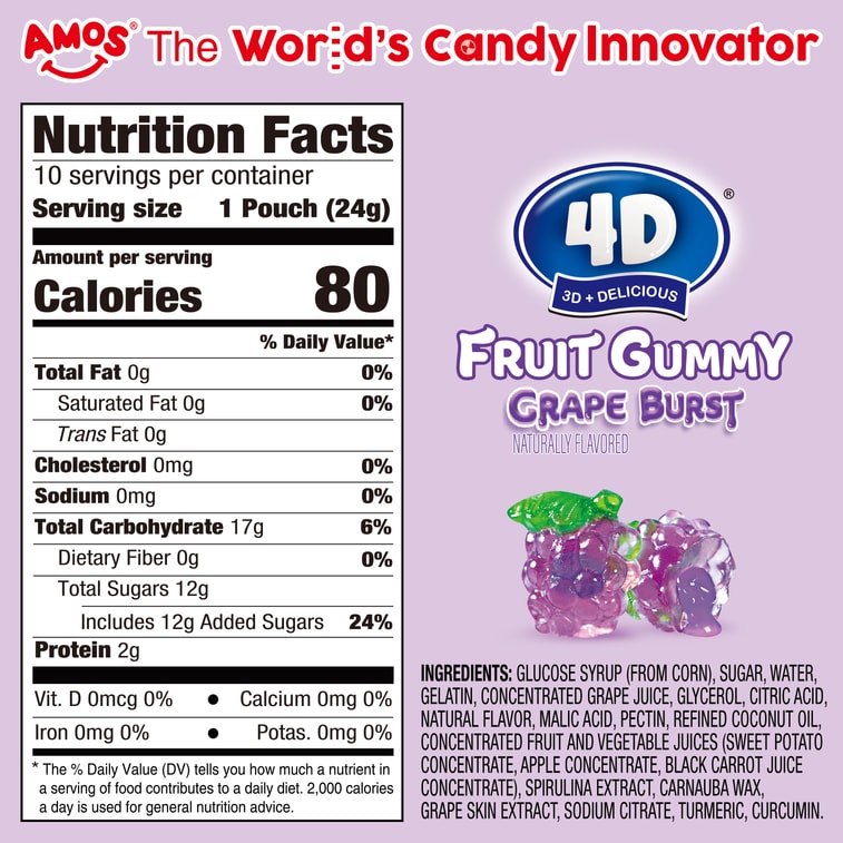 AMOS 4D Gummy Grape Fruit Filled Candy Fruit Snacks Juice Filled Gummies  8.47oz