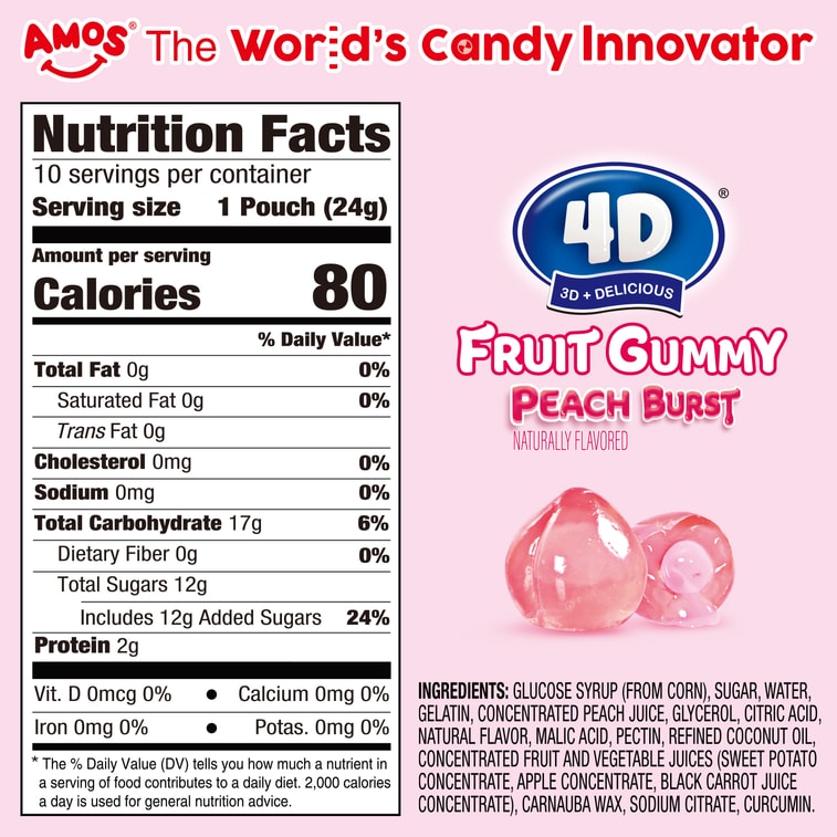 AMOS 4D Gummy Peach Burst Candy – Juice-Filled Peach-Shaped Fruit Gummies Gluten 8.47oz (240g) Bag