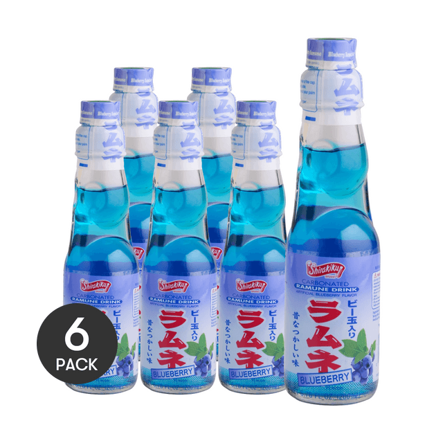 SHIRAKIKU Ramune Drink,Japanese Marble Soda,Blueberry Flavor, 6.76 fl oz *6【6 Packs】