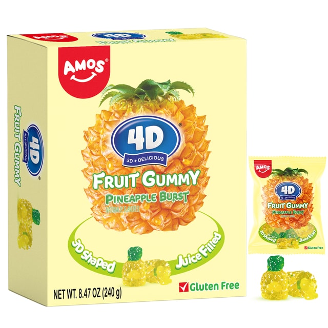 AMOS 4D Gummy Pineapple Burst Fruit Filled Candy Fruit Snacks Juice Filled Gummies  8.47oz