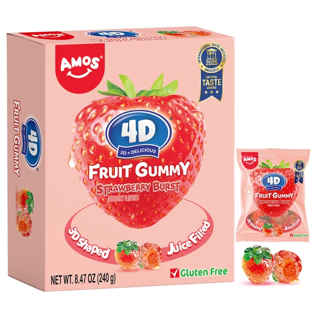 AMOS 4D Gummy Strawberry Burst Candy – Juice-Filled Strawberry-Shaped Gummy Candy Gluten-Free Fruit Snacks 8.47oz (240g)