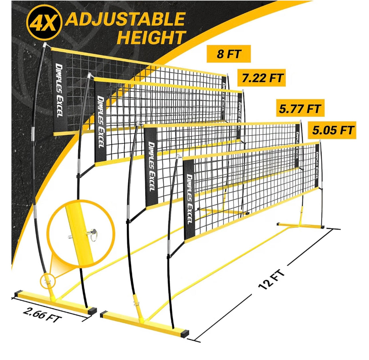 Dimples Excel 12x8 FT Portable Volleyball Net Set,4 Adjustable Heights Set