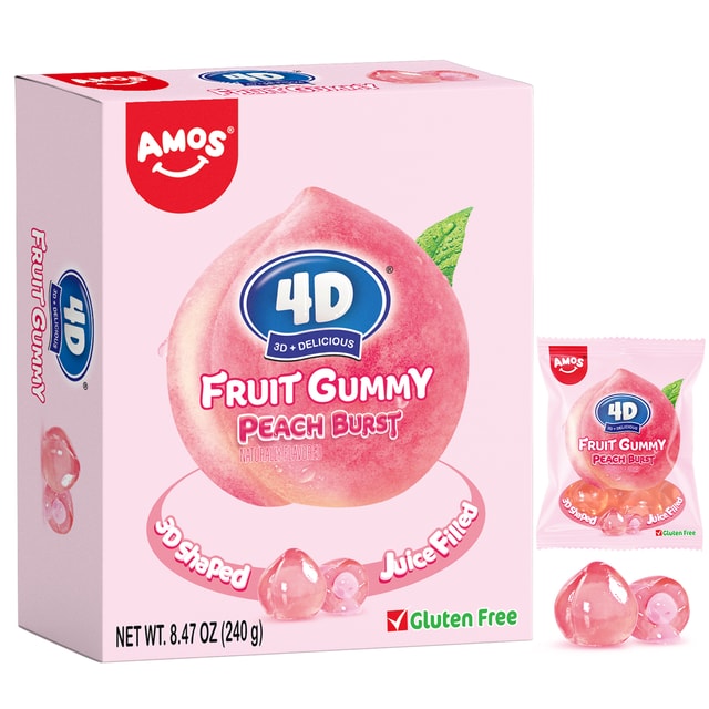 AMOS 4D Gummy Peach Burst Candy – Juice-Filled Peach-Shaped Fruit Gummies Gluten 8.47oz (240g) Bag