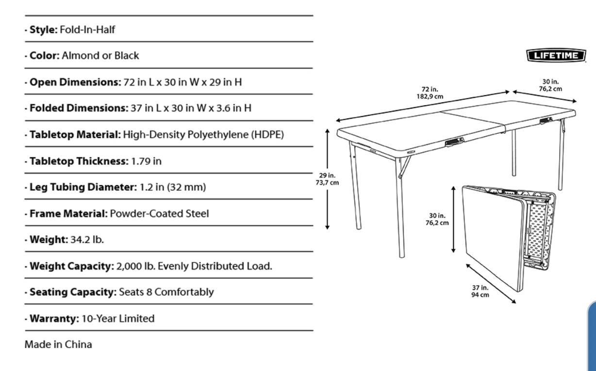Lifetime Commercial 6' Fold-in-Half Table