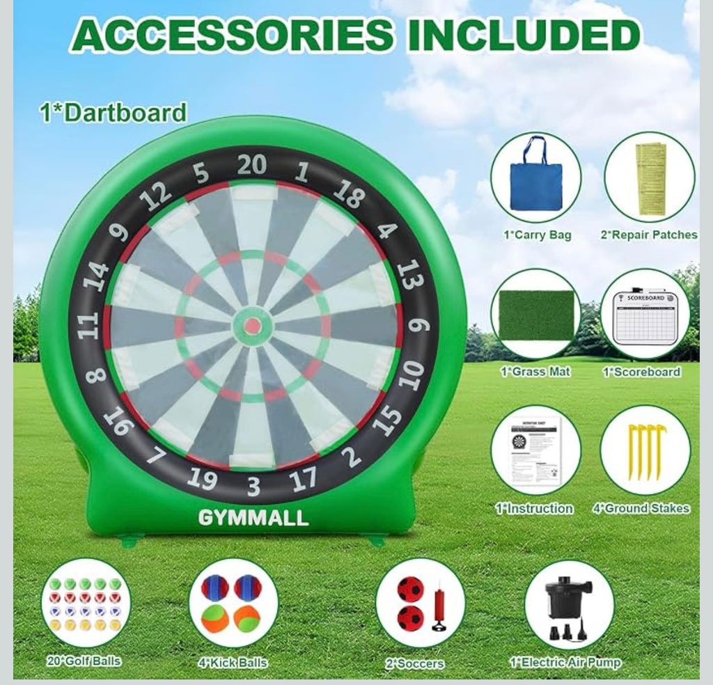 Giant Dart Board Inflatable with Pump, Outdoor and Indoor Soccer Sport Kick Dartboard for Kids and Adults, Waterproof Darts Board Yard Game with 20 Golf Balls, 4 Sticky Balls, 2 Soccers