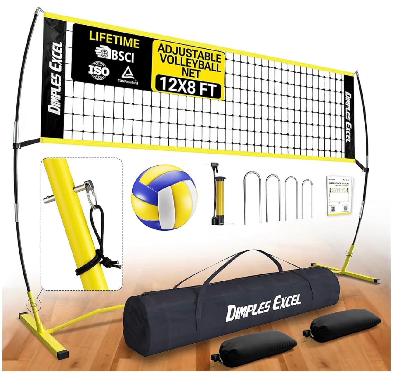 Dimples Excel 12x8 FT Portable Volleyball Net Set,4 Adjustable Heights Set