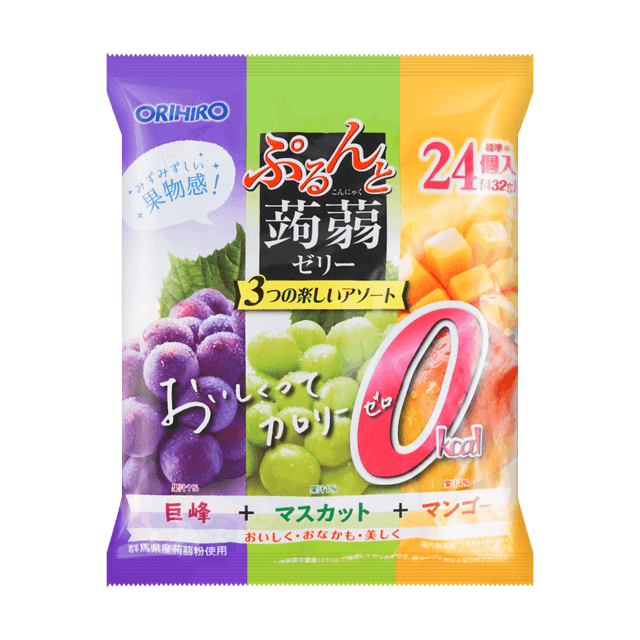 ORIHIRO Fruit Konjac Jelly,Kyoho Grape, Muscat Grape & Mango Flavor 24 Pieces, 15.23 oz
