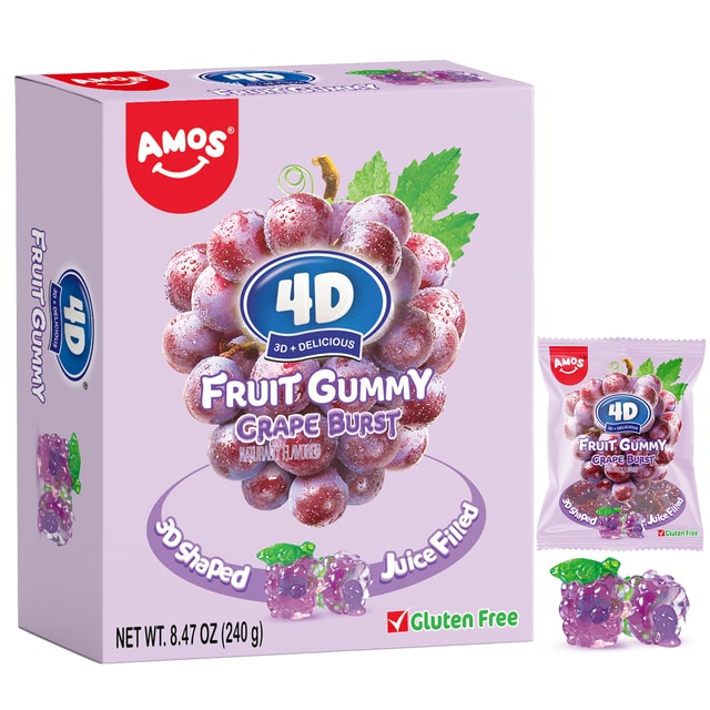 AMOS 4D Gummy Grape Fruit Filled Candy Fruit Snacks Juice Filled Gummies  8.47oz